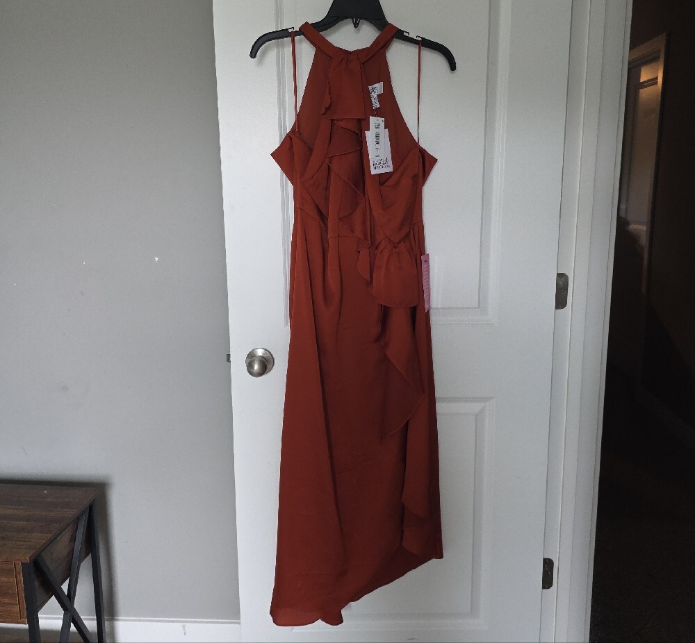 Badgley Mischka Rust Halter Ruffle High-Low Gown - Picture 3 of 16
